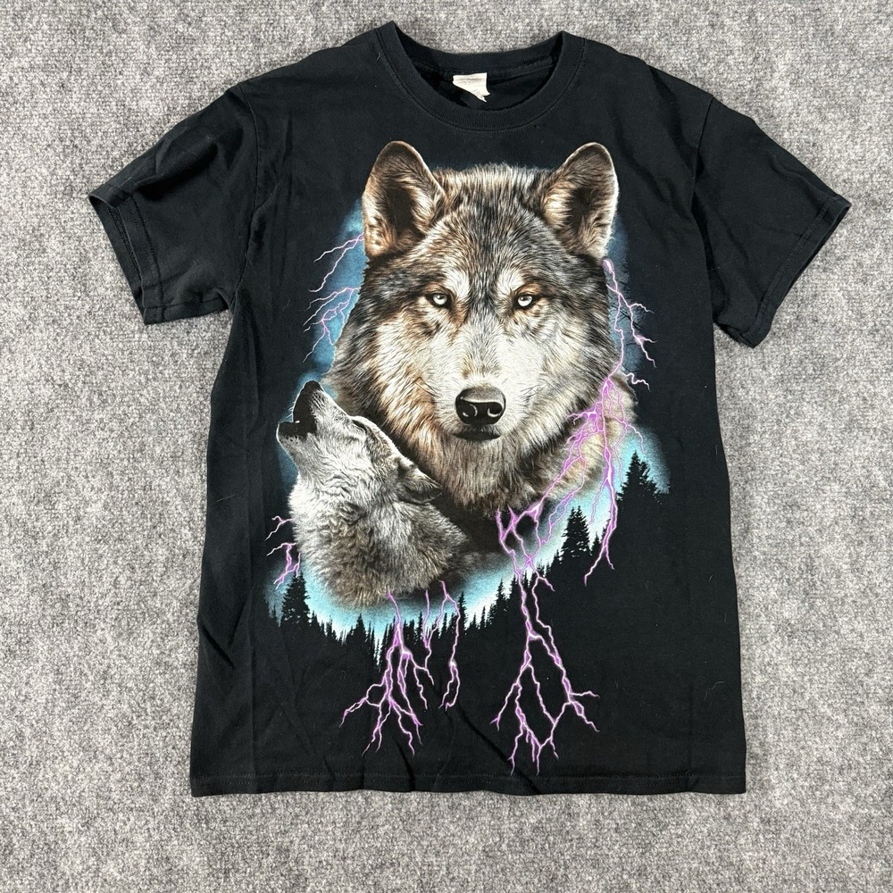 VTG Mens Retro Wolf Lightning Graphic Tee Shirt Black Small